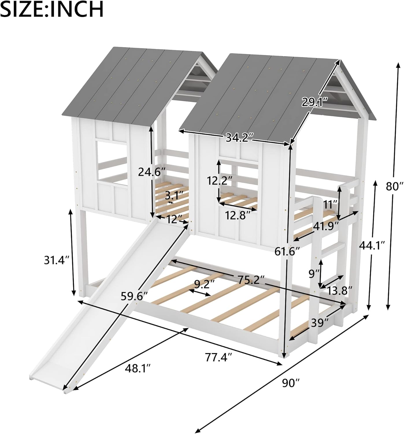 MERITLINE Twin Over Twin House Bunk Bed with Slide and Windows,Wooden Bunk Beds Frame with Ladder for Kids, Boys,Girls, No Box Spring Needed(White)