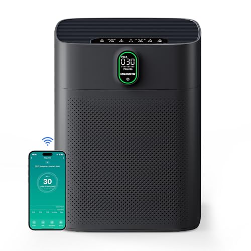 MORENTO Smart Air Purifier for home Large Rooms up to 1076 ft², Wi-Fi and Alexa compatible, PM2.5 Air Quality Display, Auto Mode, Quiet Mode 24dB, HEPA Filter Removes Dust, Pollen, Smoke (Black)