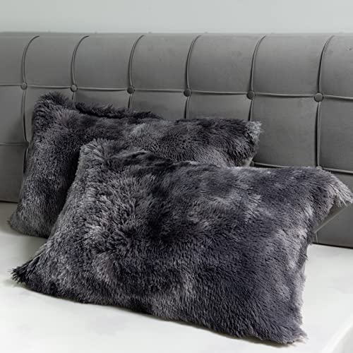 3 Pieces Plush Fluffy Duvet Cover,Luxury Faux Fur Quilt Cover Set Tie Dyed Extra Soft and Fluffy Bedding (1 Duvet Cover + 2 Pillowcases)(90x90inch, Grey)