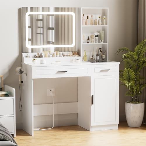 HOMMPA Vanity Desk with Mirror and Lights Makeup Desk with Drawers Vanity Table with 3 Color Lighted Mirror Makeup Table with Charging Station Modern Dressing Table for Bedroom White