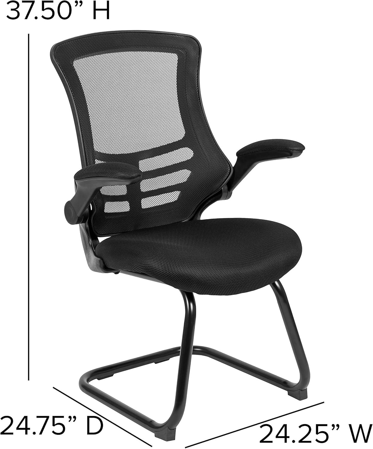 BizChair Black Mesh Sled Base Side Reception Chair with Flip-Up Arms-Office Waiting Room