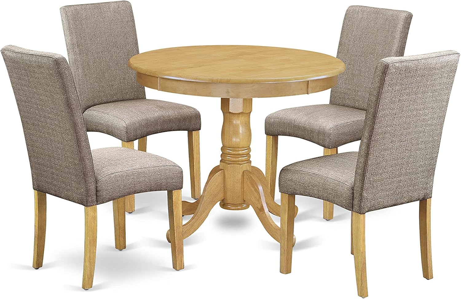 East West Furniture Antique 5 Piece Dining Set Includes a Round Kitchen Table with Pedestal and 4 Dark Khaki Linen Fabric Upholstered Parson Chairs, 36x36 Inch, Oak