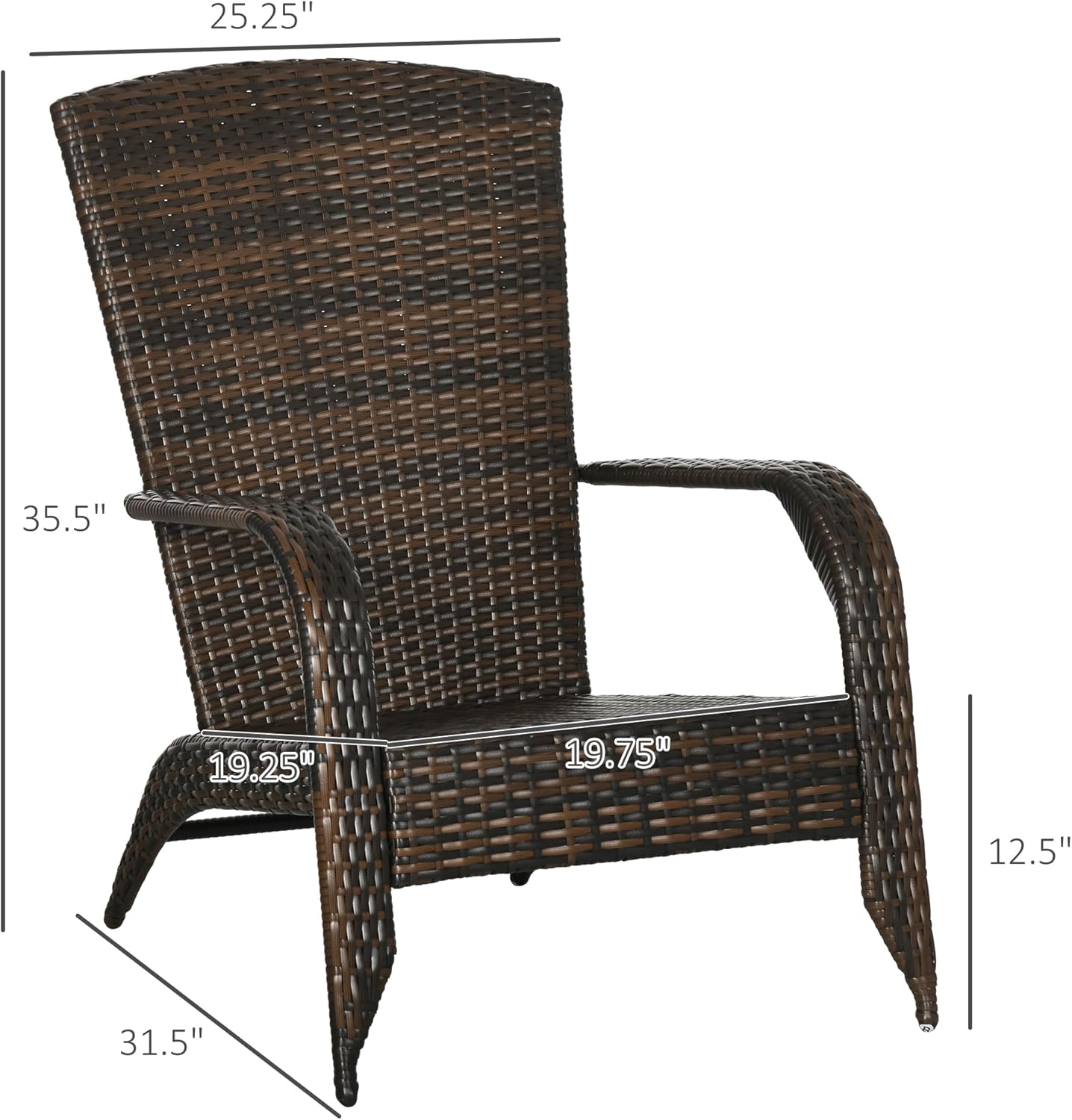 Patio Wicker Adirondack Chair Outdoor All-Weather Rattan Fire Pit Chair with Soft Cushion, High Curved Back and Comfort Arms Ideal for Patio, Porch, Front Yard, Backyard or Pool, Mixed Brown