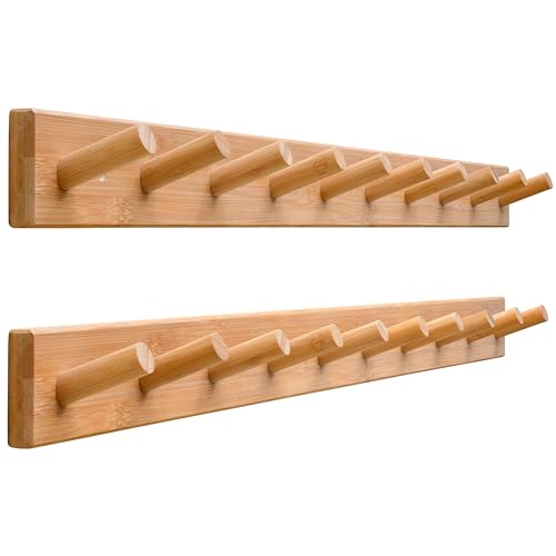 SKOLOO Wood Coat Rack Wall Mounted,10 Peg Long Bamboo Hook for Hanging Backpack Coat Towel Hat,16'' Hole to Hole,Black