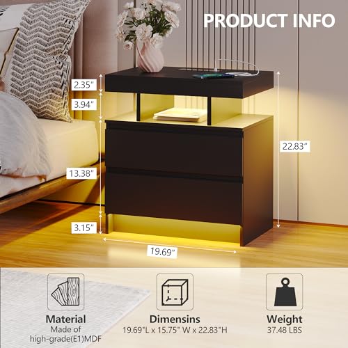 dnbss Nightstand with Wired/Wireless Charging Station, Auto LED Lighting Bedside Tables with Drawers, Night Stand with 3-Color Lights & Adjustable Brightness for Bedroom (Black)