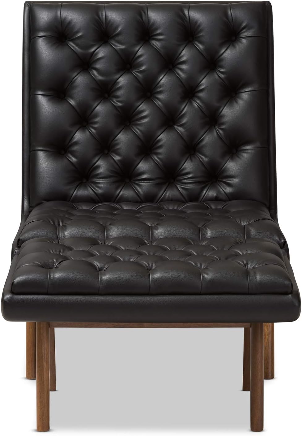 Baxton Studio Annetha Mid-Century Modern Black Faux Leather Upholstered Walnut Finished Wood Chair and Ottoman Set Black//Medium Wood/Mid-Century/Faux Leather/Rubber Wood/Foam