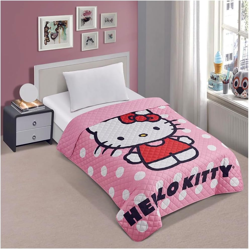 Jay Franco Pink Hello Kitty Polka Dots Twin Quilted Bedspread Only
