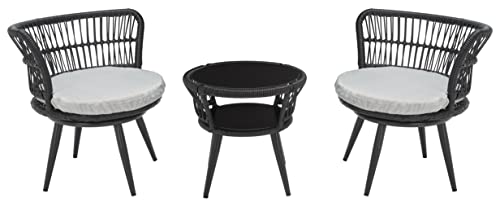 SAFAVIEH Outdoor Collection Black Rattan/Grey Seat Cushion Patio Lounge Bistro Set (PAT9032A)