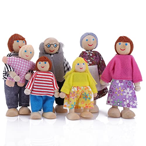 Dollhouse Family People Figures, 7 Pieces Wooden Doll House Family Dolls Mini Doll Family Pretend Play Figures Miniature Dollhouse Doll Figures (A)
