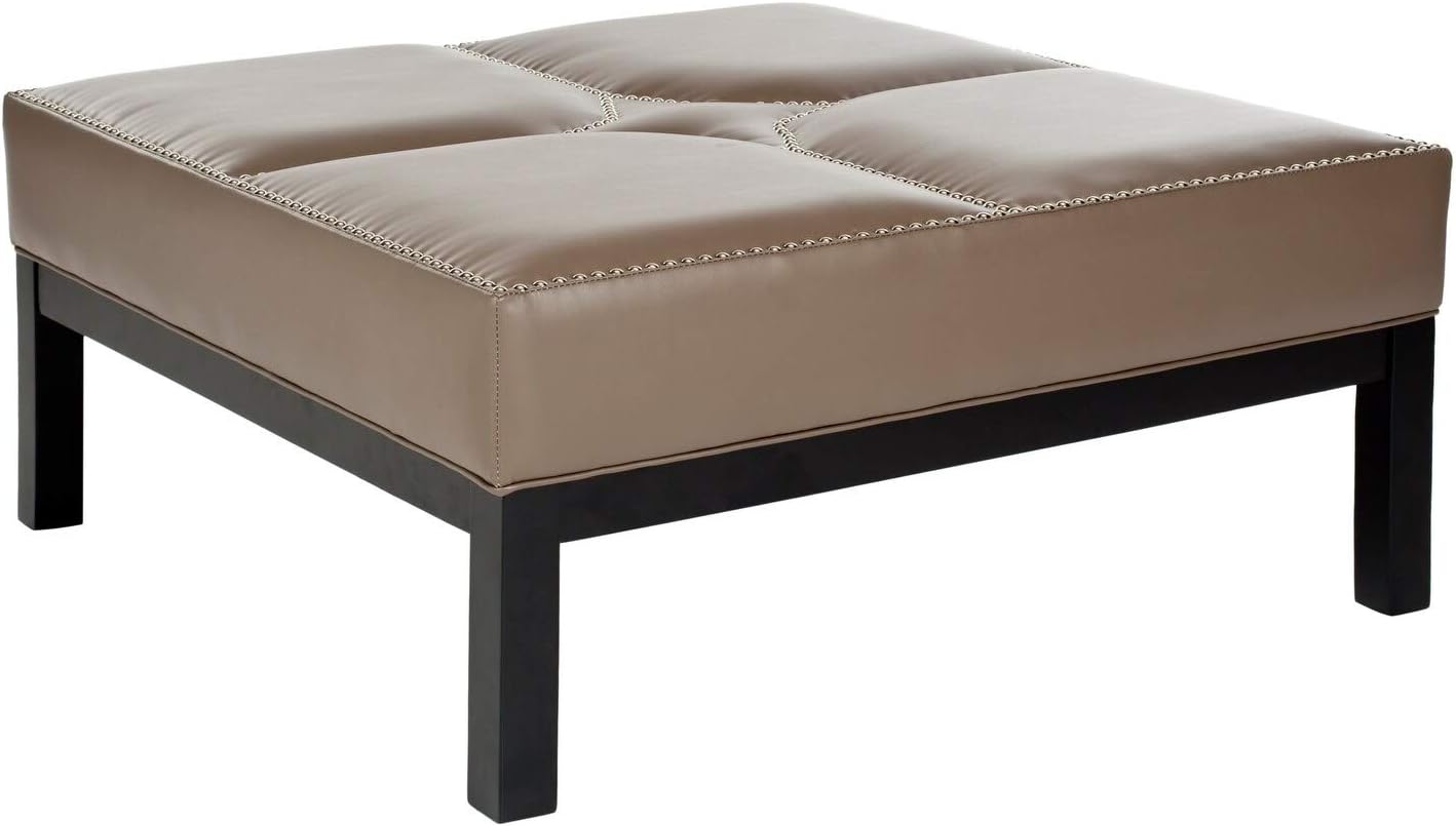 Clay Grey Leather Cocktail Ottoman Transitional Solid Rectangle Fabric Upholstered Wood 1 Piece Nailheads