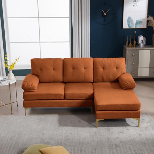 80.7'' Sectional Sleeper Sofa L Shaped Couch, Small Upholstered 3 Seat Sleeper Couch with Chaise, Chenille Fabric Minimalist Sofa with Sturdy Legs for Living Room, Bedroom, Apartment (Orange)