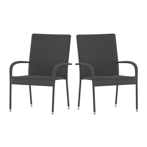 EMMA + OLIVER Sala Stacking All-Weather Patio Chair - Gray Woven Polyethylene Wicker - Powder Coated Steel Frame - for Indoor & Outdoor Use - Set of Four