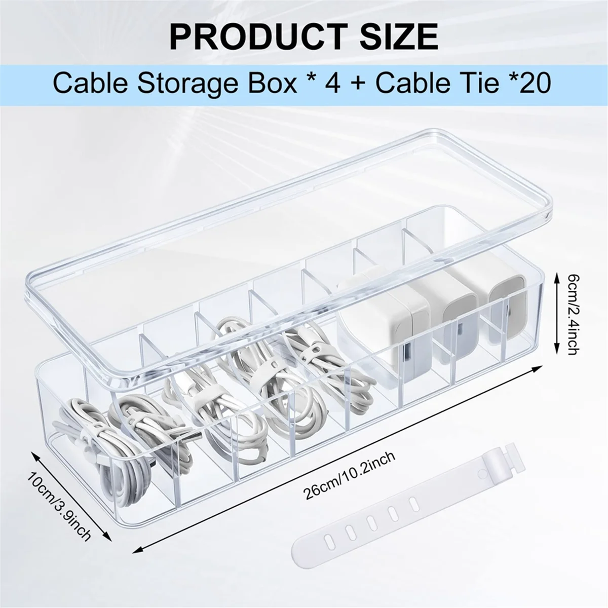 2Pcs Cable Storage Box with Wire Ties, Clear Cord Storage Box with Lid, Organizer for Home Office Desk Organizers
