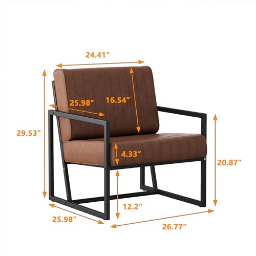 PU Leather Armchair Accent Chair ，Mid-Century Modern Soft Thick Padded Cushion with Steel Frame Side Chair for Living Room,Bedroom, Office (Brown)