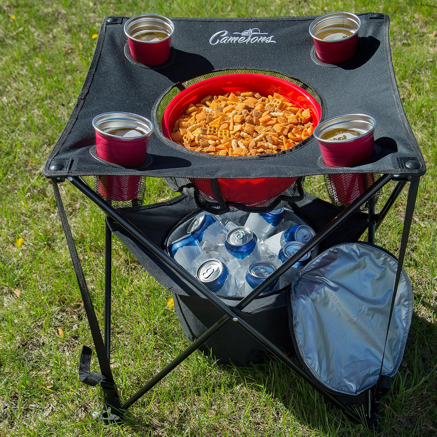 All-in-One Tailgating Table - Collapsible Folding Camping Table with Insulated Cooler, Mesh Food Basket and Travel Bag for Barbecues, Camping, The Beach, Tailgate Parties - Summer Cookout Essential