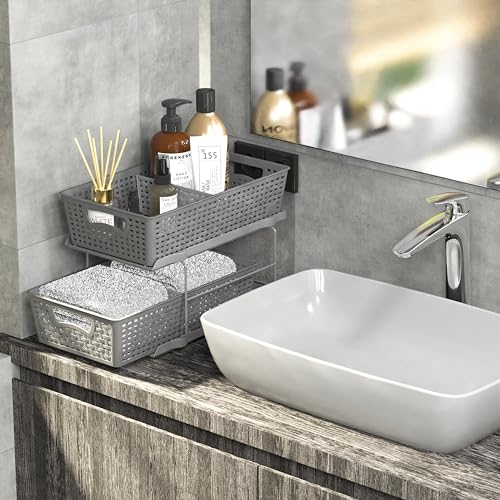 Simple Houseware 2 Tier Bathroom Organizer Tray Pull-Out Sliding Drawer/Under-Sink Storage, Brown