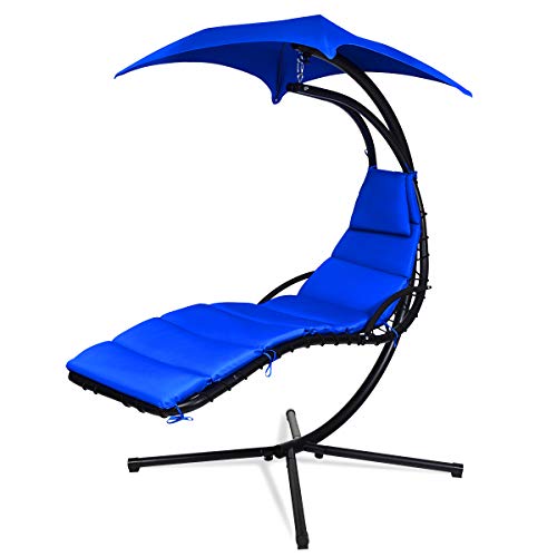 S AFSTAR Hanging Chaise Lounger with Removable Canopy, Outdoor Swing Chair with Built-in Pillow, Hanging Curved Chaise Lounge Chair Swing for Patio Porch Poolside, Hammock Chair with Stand (Orange)