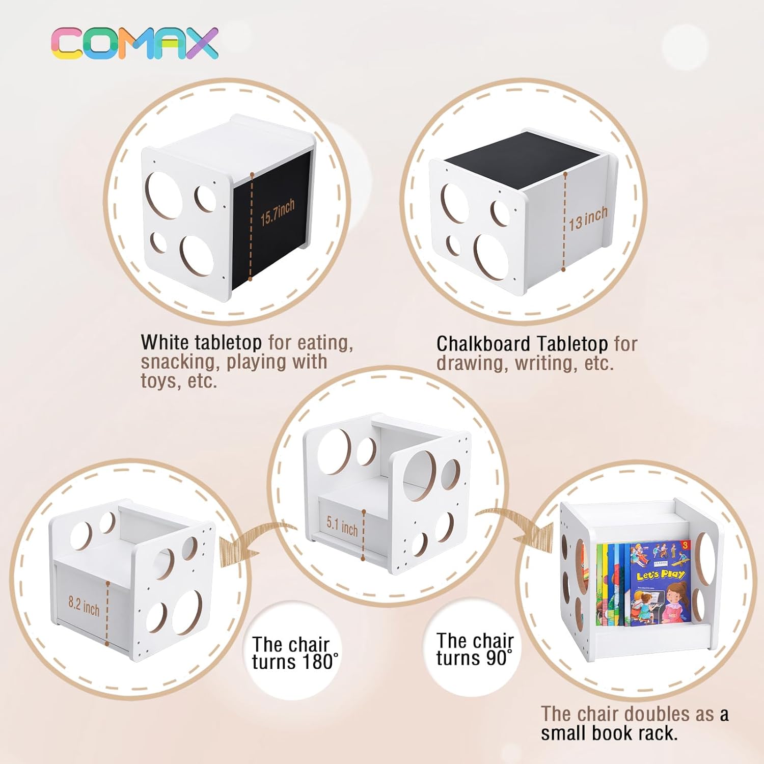 COMAX 3-in-1 Weaning Table Cube Chair Montessori Baby Table and Chair Set for Toddlers 1-3, Small Toddler Chair and Table Set, Wood Single Infant Activity Dining Table