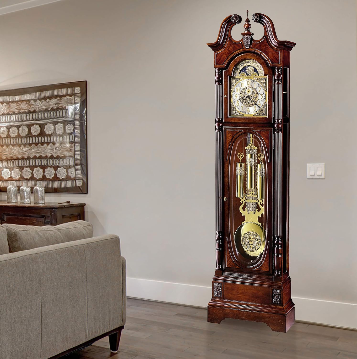 Howard Miller Stewart Floor Clock 610-948 – Windsor Cherry Grandfather Vertical Home Decor with Cable-Drive Triple-Chime Concerto Movement