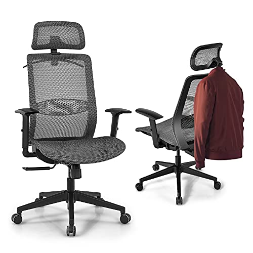 High Back Mesh Office Chair, Ergonomic Executive Chair with Adjustable Reclining Angles, Lumbar Support, Headrest, Armrest, Swivel Rolling Computer Desk Chair with Coat Hanger (Grey)