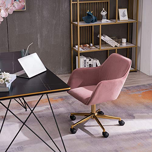 Warmiehomy Swivel Home Office Chair, Velvet Upholstered Cute Desk Chair with Gold Metal Legs and Wheels, Ergonomic Computer Task Rolling Armchair for Working Home Office Living Room Bedroom,Orange