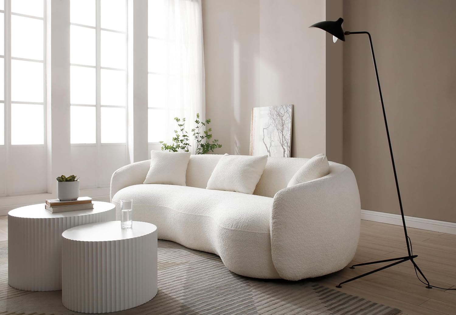 Unique Curved Sofa,Modern Boucle Upholstered Cloud Couch with 3 Throw Pillows, 4-Seat Teddy Fleece Leisure Sectional Sofa&Couch Lounge Chaise for Living Room, Office, Apartment, Beige 93.6