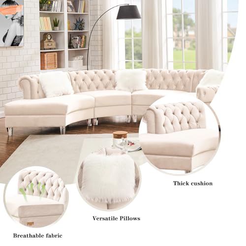 Velvet Curved Symmetrical Modular Semi Circular Sofa Sectional, Cream