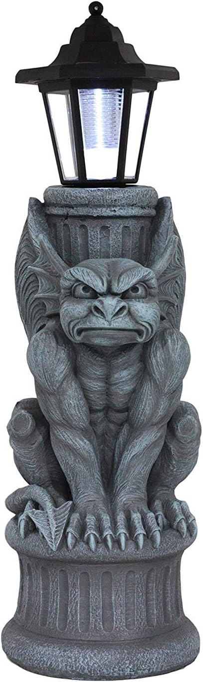 Ebros Faux Stone Gothic Crouching Winged Gargoyle Statue with Solar LED Lantern Light Post 20
