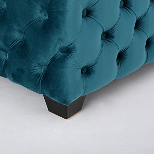 Modern Glam Button Tufted Velvet Ottoman, Dark Teal and Dark Brown