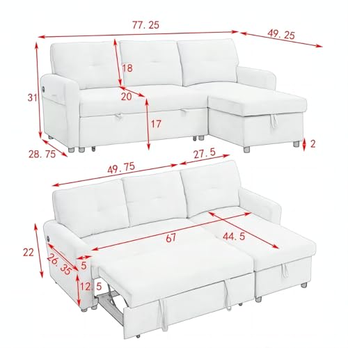 Reversible Pull Out Sofa Couch with Storage Chaise & USB Type-c Charging Ports L-Shaped Sofa Bed for Living Room, Office ，Workroom and Small Apartment (Black)