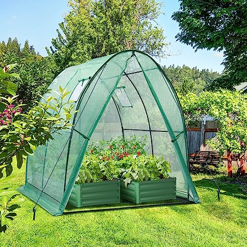 Ohuhu Portable Tunnel Greenhouse Outdoor: Heavy Duty Small Walk in Green House with Mesh Windows, Reinforced Metal Base Durable Plastic PE Cover for Outside, Free Tool to Install, 5.9x5.9x6.6 FT