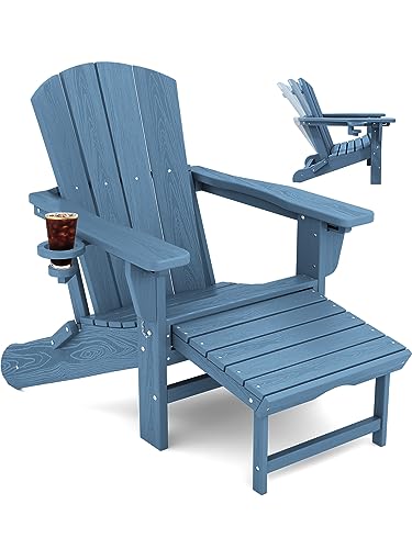 KINGYES Folding Adjustable Adirondack Chair with Retractable Ottoman Set of 4, HDPE All Weather Chair with Cup Holder, Wood-Like Reclining Adirondack Chair- Versatile Adirondack Chair, White
