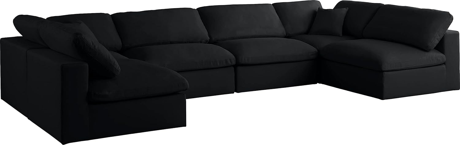 Meridian Furniture Plush Collection Contemporary Down Filled Comfort Overstuffed Velvet Upholstered Modular U-Shaped Sectional, 6-Seater, Armless, Black