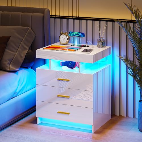 HNEBC Nightstands Set of 2, RGB LED Nightstand with Wireless Charging Station, Modern Bedside Tables with 3 Drawers, End Side Tables with USB Port for Bedroom Living Room,Sofa Side Table (Black)