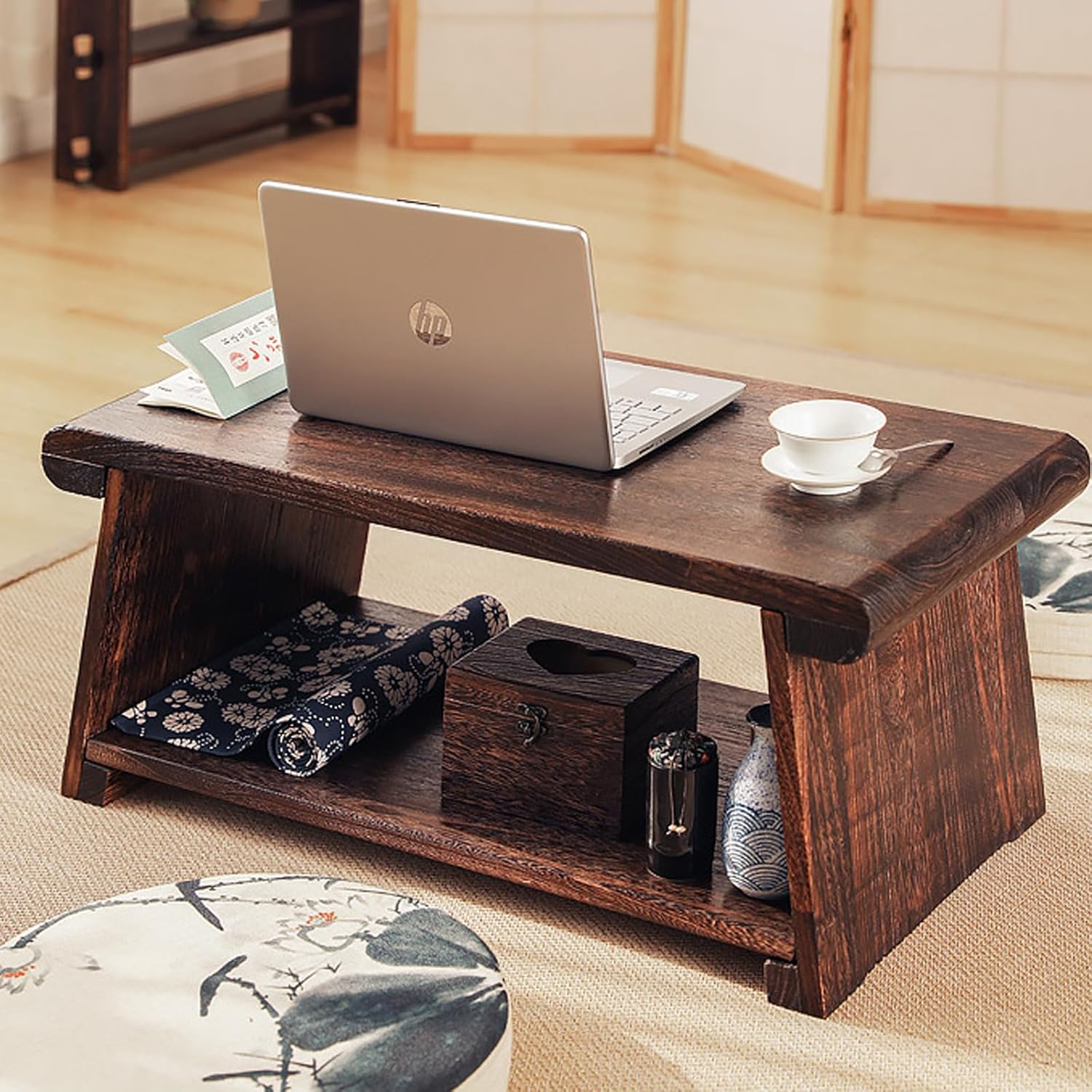 Small Altar Table,Meditation Table,Natural Wood Small Puja Table,Foldable， Used in The Tea Table Japanese,Study Room,Yoga Room.IT is 19.68 Inches Long,11.81 Inches Wide, 7.87 Inches Tal