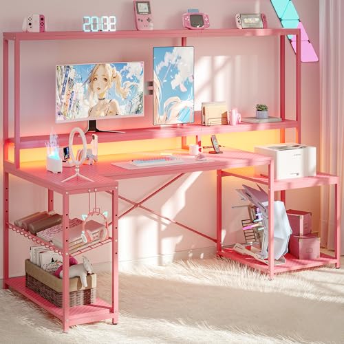 Bestier LED Computer Desk with Power Outlets, 71.5 Gaming Desk with Monitor Stand and Hutch, L Shaped Desk with Storage Shelf, Corner Desks for Home Office, Pink