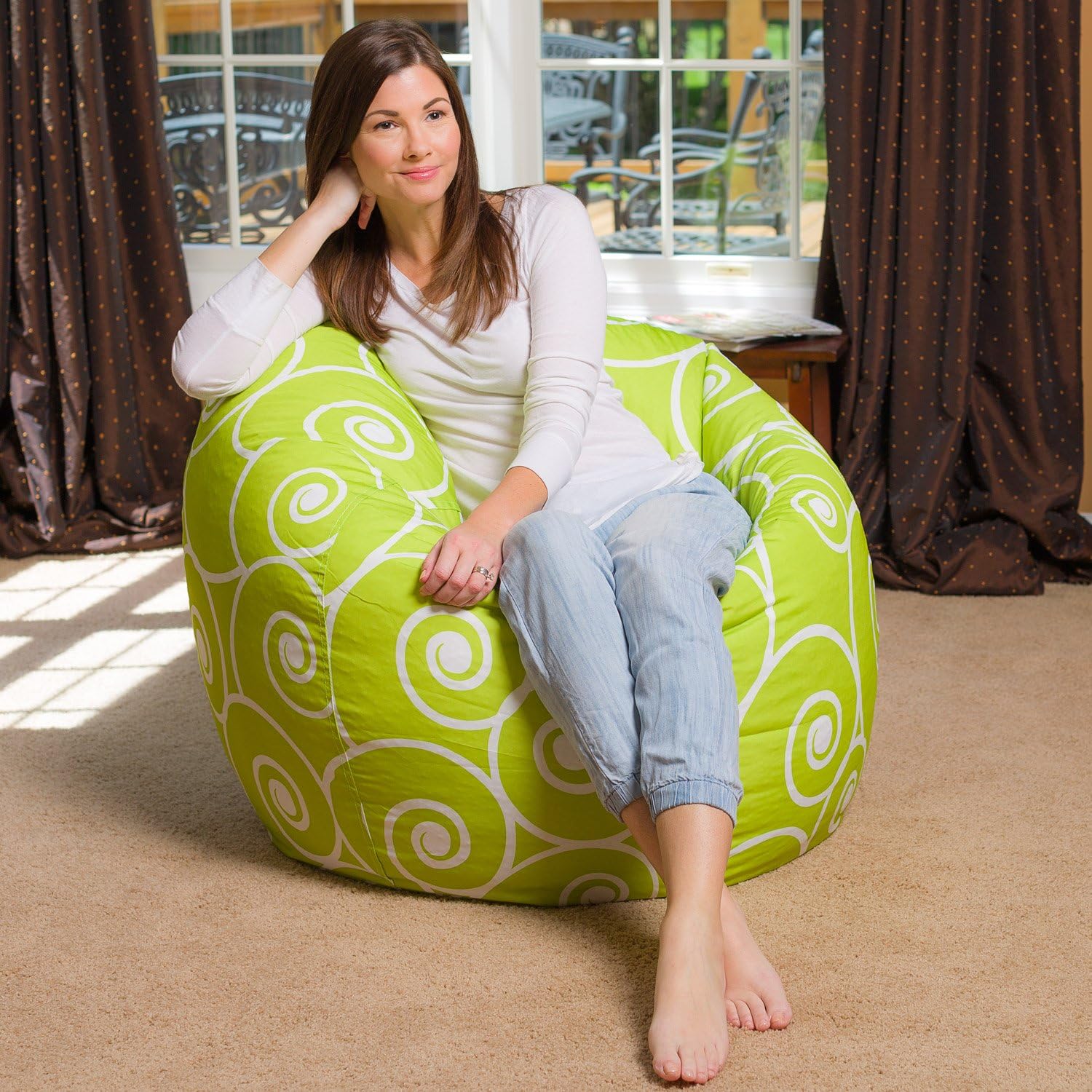 Big Comfy Bean Bag Chair: Posh Large Beanbag Chairs with Removable Cover for Kids, Teens and Adults - Polyester Cloth Puff Sack Lounger Furniture for All Ages - 35 Inch - Swirls Lime and White