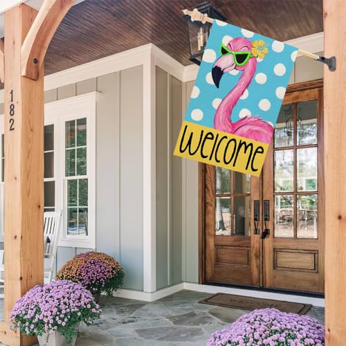 CROWNED BEAUTY Summer Garden Flag Flamingo 12x18 Inch Double Sided Small Burlap Holiday Polka Dots Welcome Flag for Outside Yard
