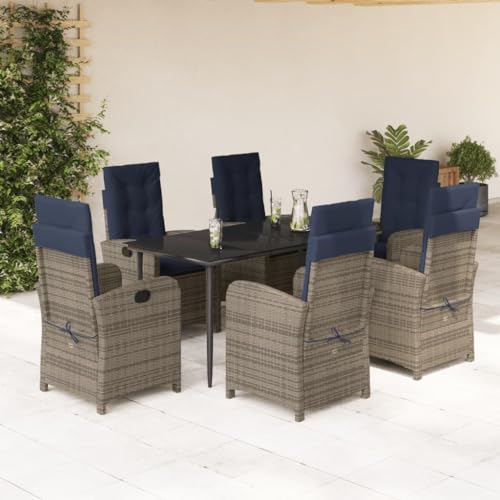 7 Piece Patio Dining Set with Cushions Gray Poly Rattan,Outdoor Dining Set with Adjustable Backrests and Comfortable Seating