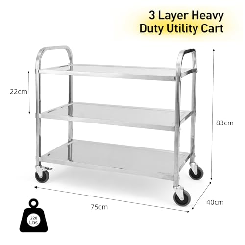 3 Tier Heavy Duty Trolley Rolling Cart, Stainless Steel Utility Cart with Handle and Locking Wheels, for Kitchen, Restaurant, Hospital, Laboratory and Home, 37.4