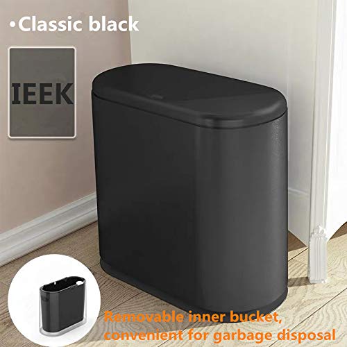 IEEK Slim Plastic Trash Can with Press Top Lid,2.4 Gallon/10 Liter Garbage Can Modern Waste Basket for Bathroom,Living Room,Office,Kitchen and Narrow Spaces,Grey