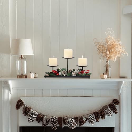 Candelabra Fireplace Candle Holder for Inside Fireplace,Gold Metal 3 Wick Candle Stand Pillar Candle Holders with Tray,Floor Table Mantel Centerpiece