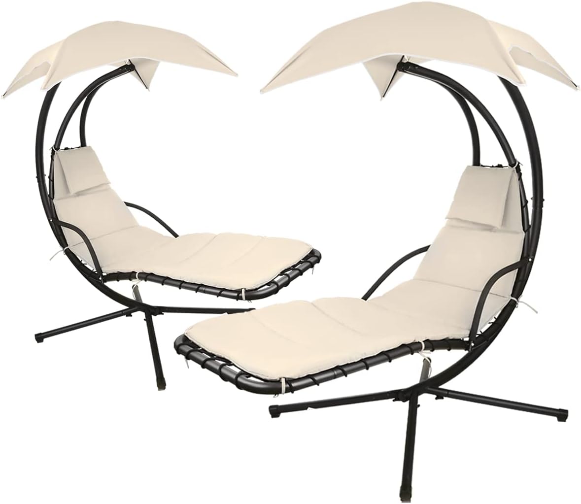 2X Patio Hanging Chaise Outdoor Lounger Padded Cushion Swing Hammock Chair w/Sun Shade Canopy Umbrella Stand [Beige]