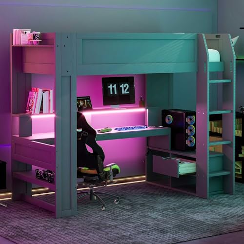 Wood Twin Size Gaming Loft Bed with Desk, Multi-Storage Shelves, LED and Charging Station，Suit High Loft Bed Frame with Bookshelf for Kids Teens Adults, (Dark Gray)