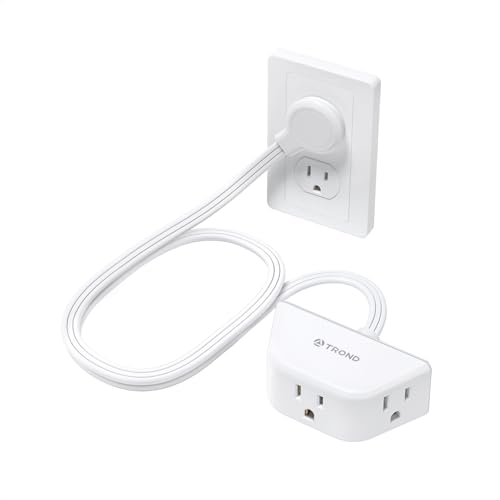 TROND Leftward Flat Extension Cord 10ft | Flat Plug Power Strip | 3 Prong Grounded 3 Outlets | 1625W | 16 Gauge Long Power Cord | for Indoor Home Kitchen Garage Office Dorm Room Essentials | White