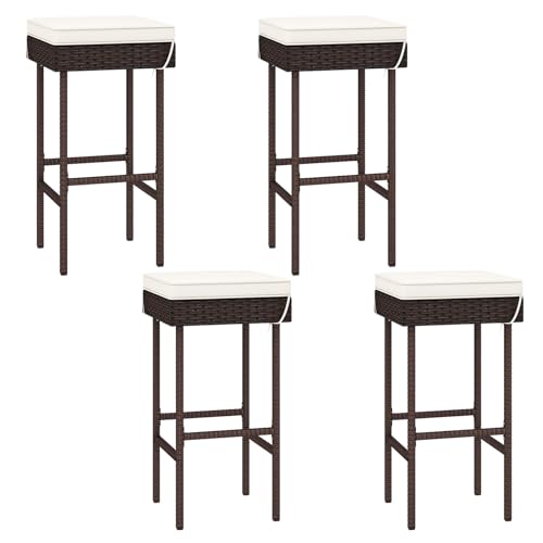 Tangkula Patio Rattan Barstools Set of 4, Outdoor Wicker Bar Height Chairs with Footrest & Soft Cushions, Heavy-Duty Metal Frame, Cushioned Barstools for Backyard, Balcony