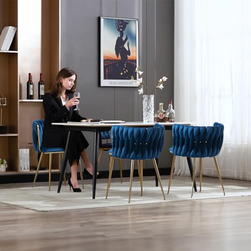 Upholstered Velvet Dining Chairs Set of 4, Modern Living Room Chair with Woven Back and Golden Metal Legs, Mid-Century Accent Side Chair for Dining Room, Living Room, Kitchen, Vanity Room, Grey