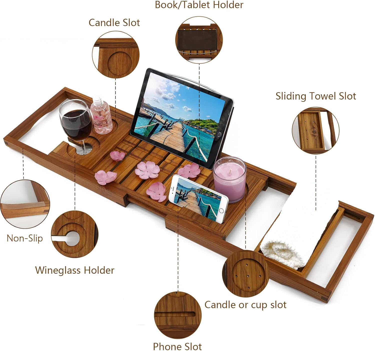 Utoplike Teak Bathtub Caddy Tray Bath Tray for Tub and Teak Wood Bath Mat, Wooden Shower Mat for Bathroom, 24 x 16 inch Non Slip