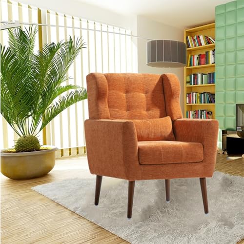 Modern Armchair Mid Century Accent Chair with Waist Cushion, Upholstered Lounge Fabric Single Sofa with Metal Legs, Reading Chairs Side Sitting Chair for Living Room, Bedroom, Guest Room,Orange
