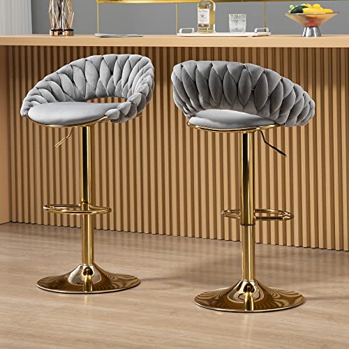 Tmosi Bar Stools Set of 2, Velvet Swivel Bar Stool, Adjustable Counter Height Barstool with Woven Low Back and Gold Base, Modern Upholstered Barstools for Dining Room, Kitchen Island, Pub (Black)